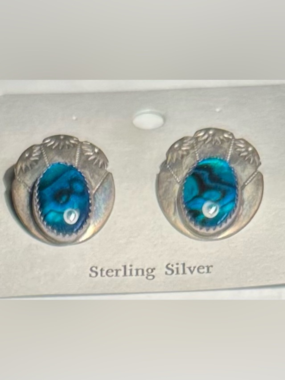 Vtg. Native American Blue Abalone Sterling Silver Shell Clip Earrings - 1”